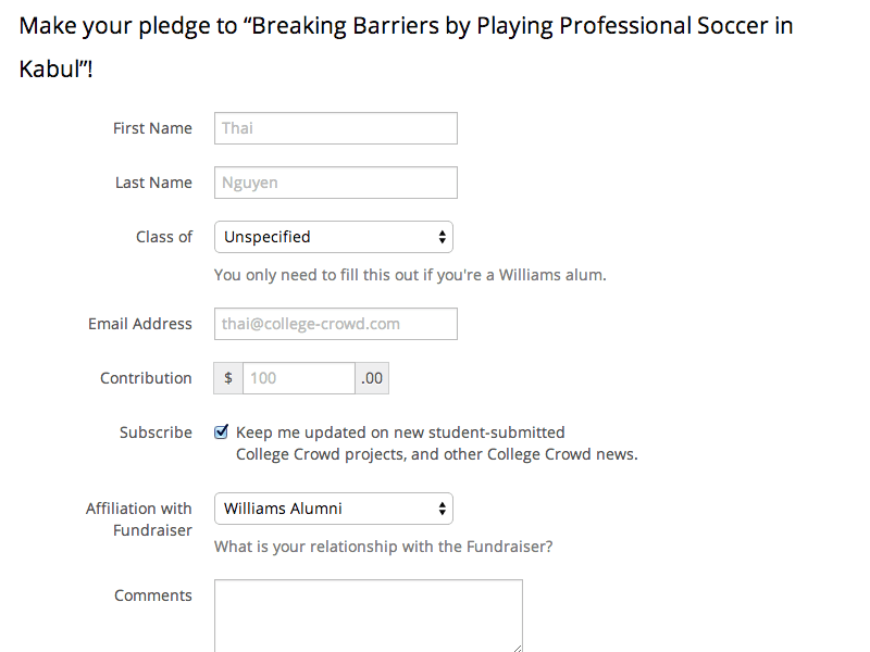 Screenshot from College Crowd: the project pledge form