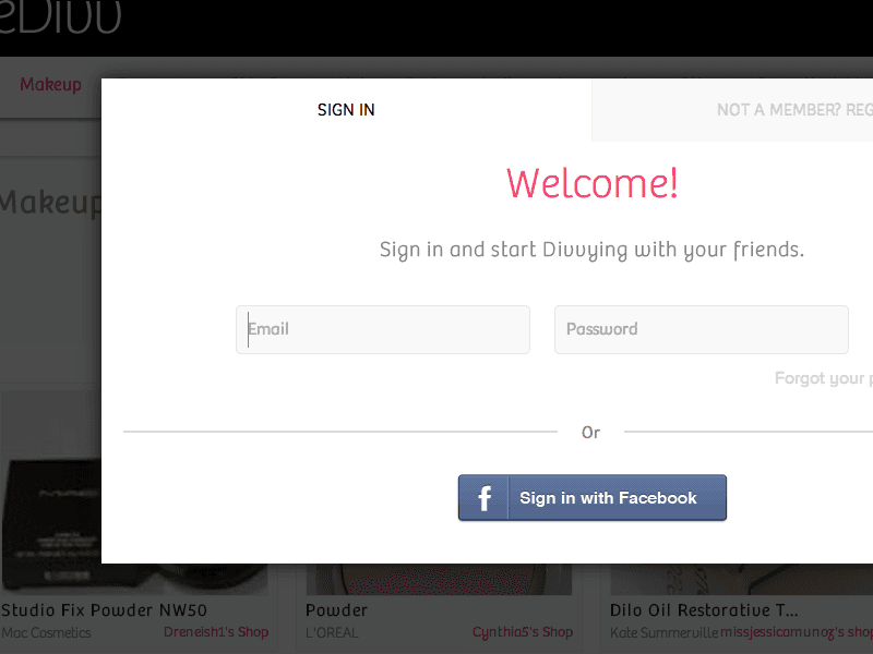 Screenshot from eDivv: Facebook sign in