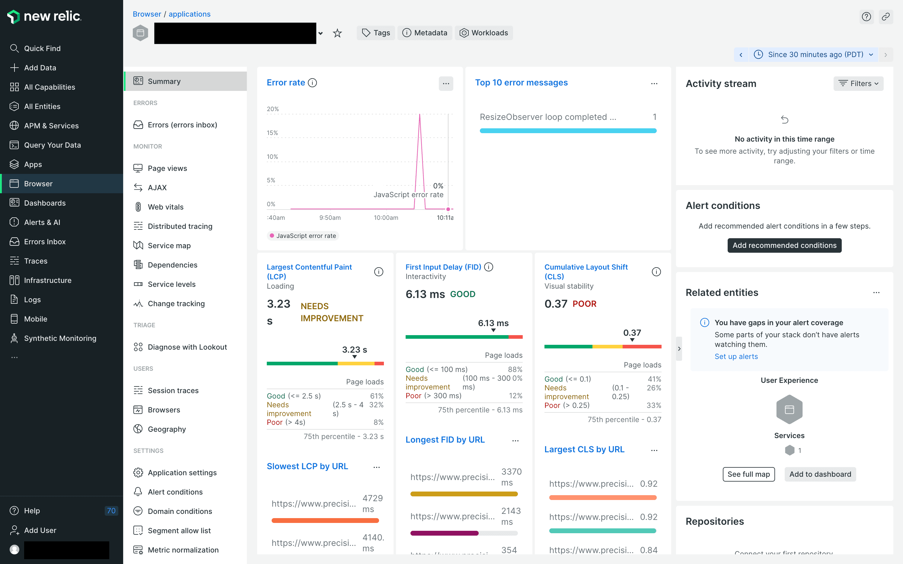 Screenshot from Precision for Medicine: core web vitals via New Relic