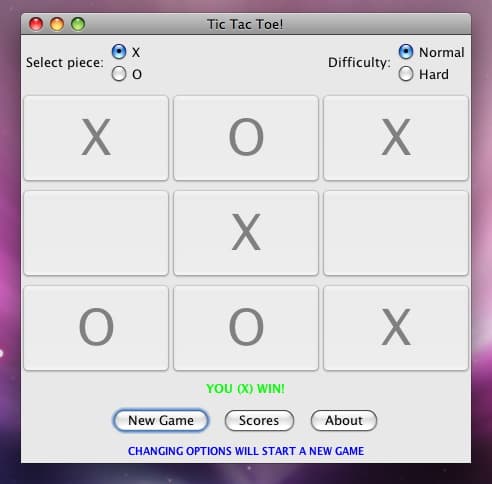 Screenshot from Tic Tac Toe: congrats, you win!