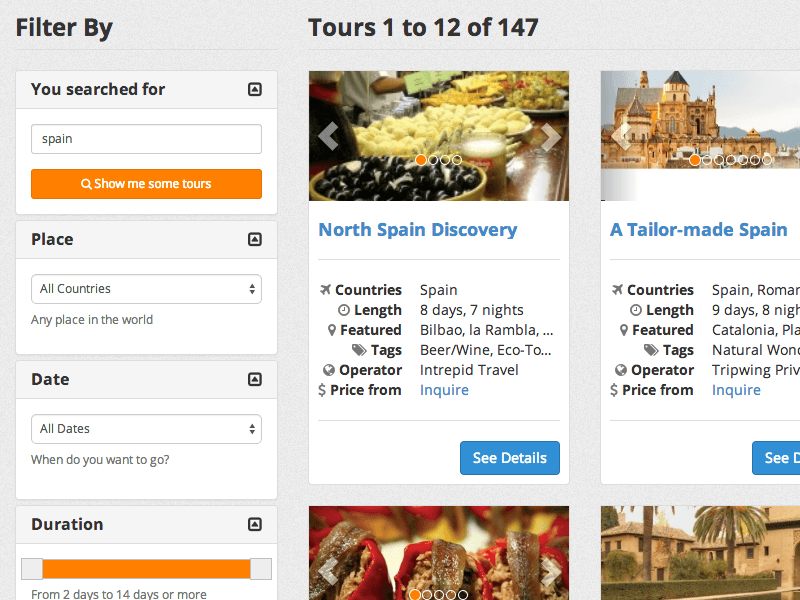 Screenshot from Tripwing: tour search results page